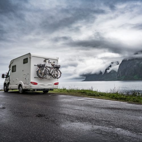 VR Caravan car travels on the highway. Tourism vacation and traveling.